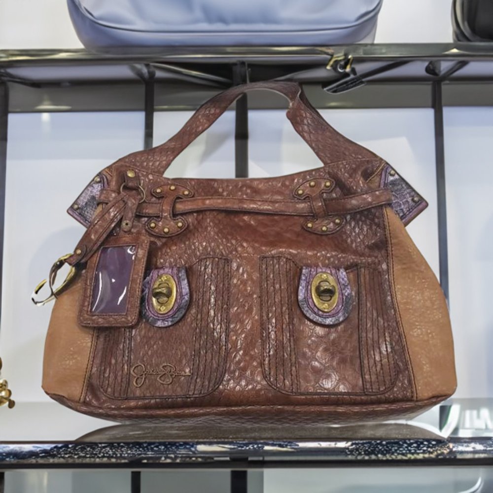 Jessica Simpson Luxury Dark Brown Snakeskin Print Faux Leather Bag - New
